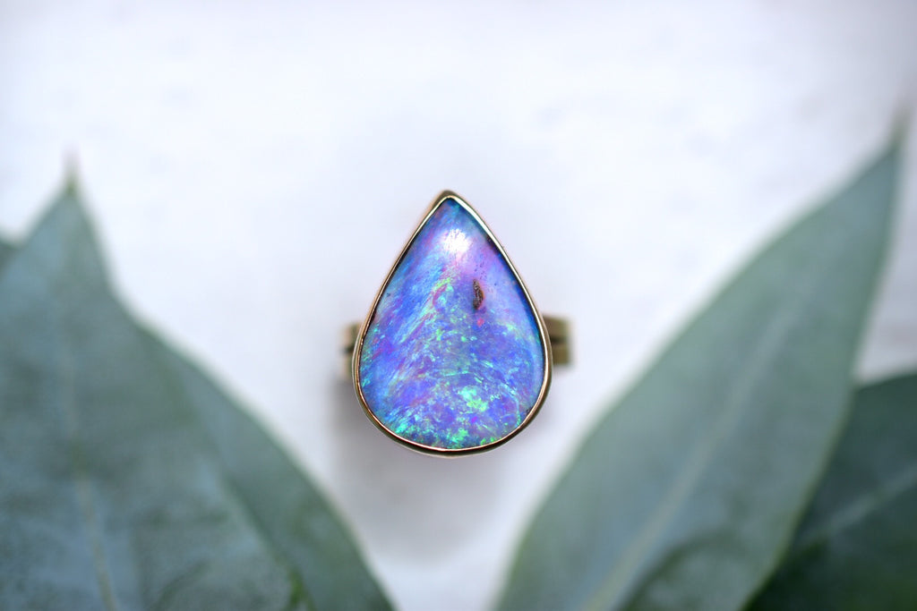 Big Australian Opal Ring in Solid Yellow Gold size 5.5 reserved - Angel Alchemy Jewelry