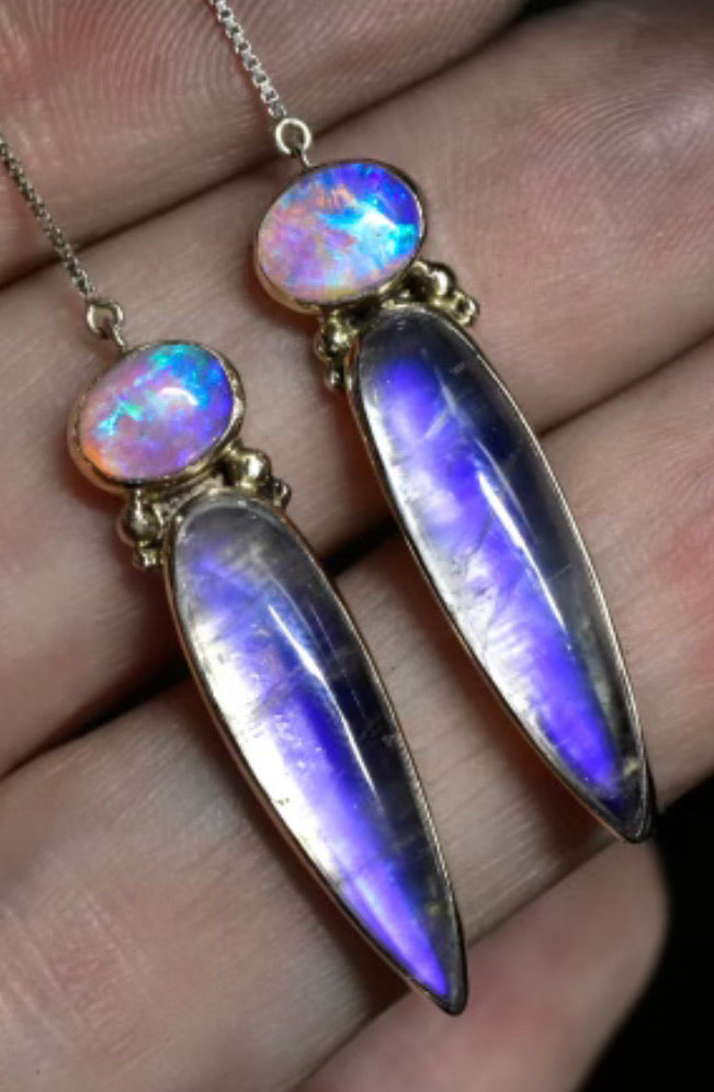 Australian opal and moonstone solid 14k yellow gold threaded earrings semi custom reserved - Angel Alchemy Jewelry