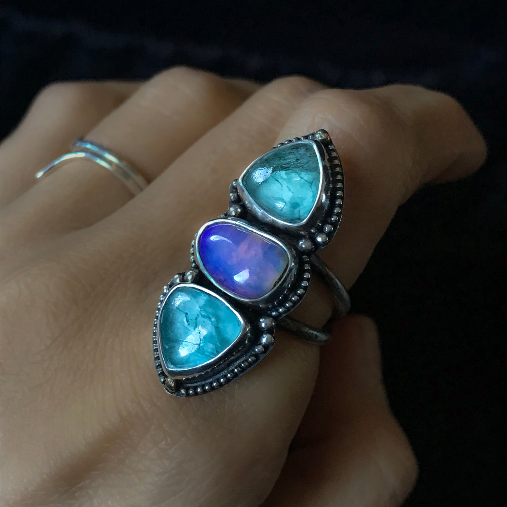 Purple Australian Opal & Blue Apatite Ring - Angel Alchemy Jewelry