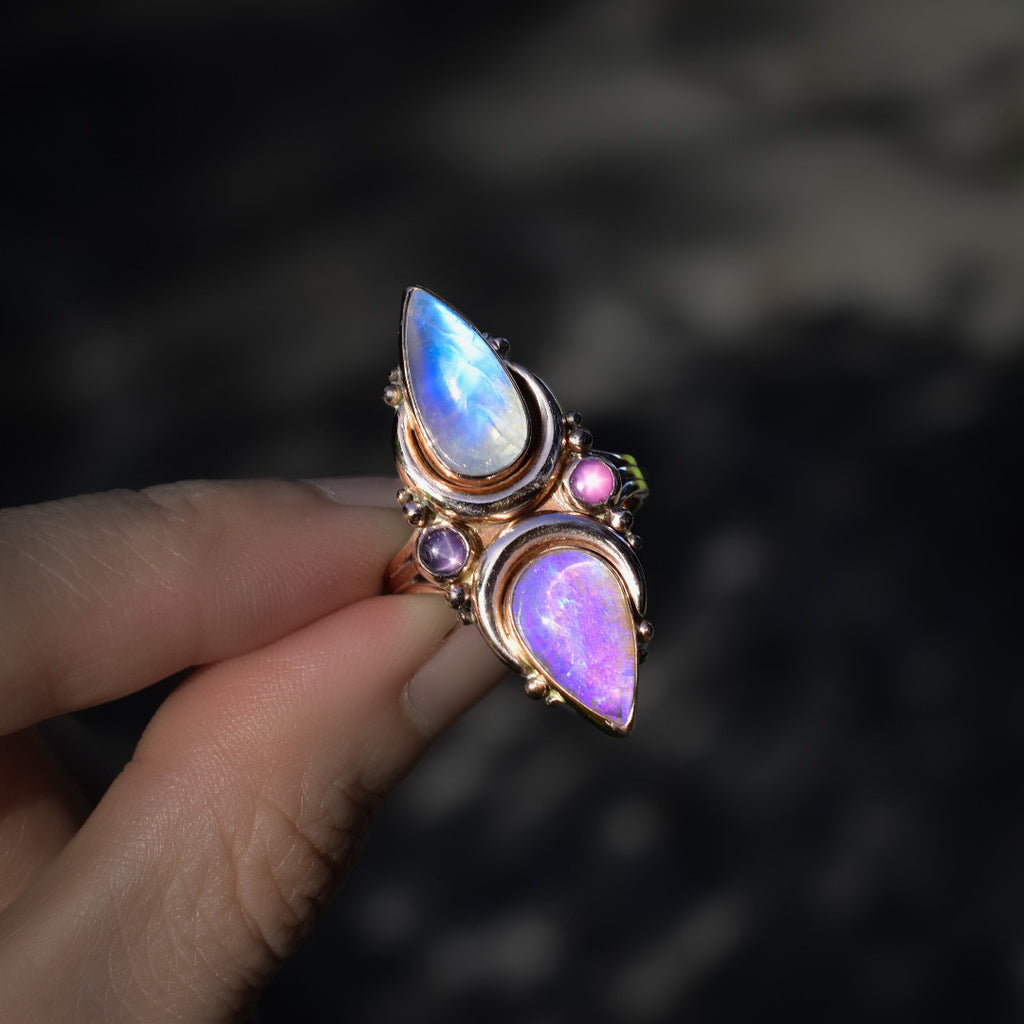 Australian opal and moonstone La Luna ring  in solid 14k rose gold with star Rubies - Angel Alchemy Jewelry