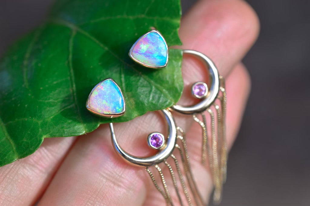 Australian opal and pink sapphire “Dipped in Moonlight” earrings in solid 14k yellow gold - Angel Alchemy Jewelry