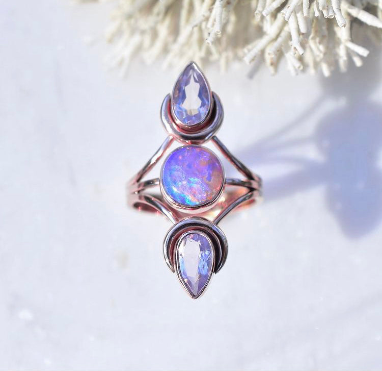 Australian opal and lavender quartz “Phases of the Moon” talisman ring in solid 14k rose gold - Angel Alchemy Jewelry