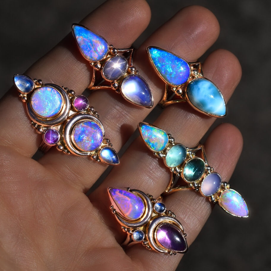 Australian Opal Unicorn Ring with Peruvian Opal, Lavender Chalcedony , and Tourmaline  in solid 14k yellow lGold with white gold dots size 11 Semi Custom reserved - Angel Alchemy Jewelry