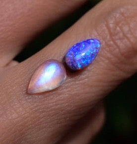 Australian opal and high grade moonstone ring in solid 14k rose gold with gold dots semi custom reserved - Angel Alchemy Jewelry