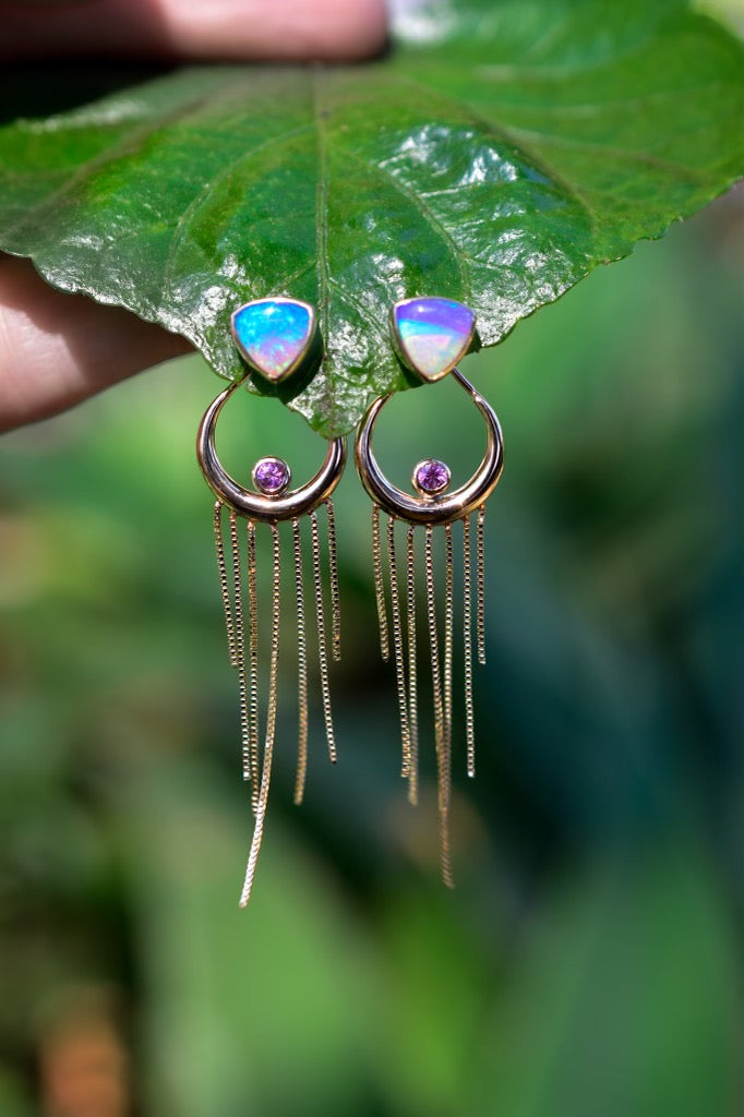 Australian opal and faceted pink sapphires “ Dipped in Moonlight “ earrings in solid 14k yellow gold - Angel Alchemy Jewelry