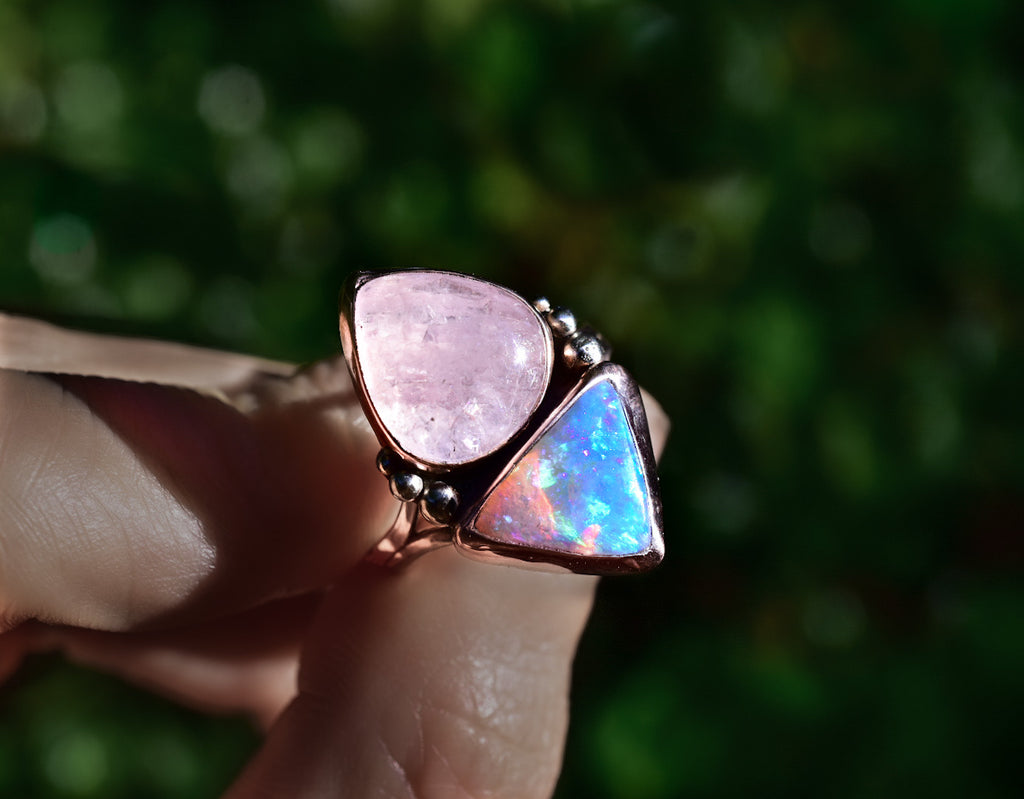Australian Opal And Morganite Ring or Pendant in Solid Yellow it Rose Gold semi custom reserved - Angel Alchemy Jewelry