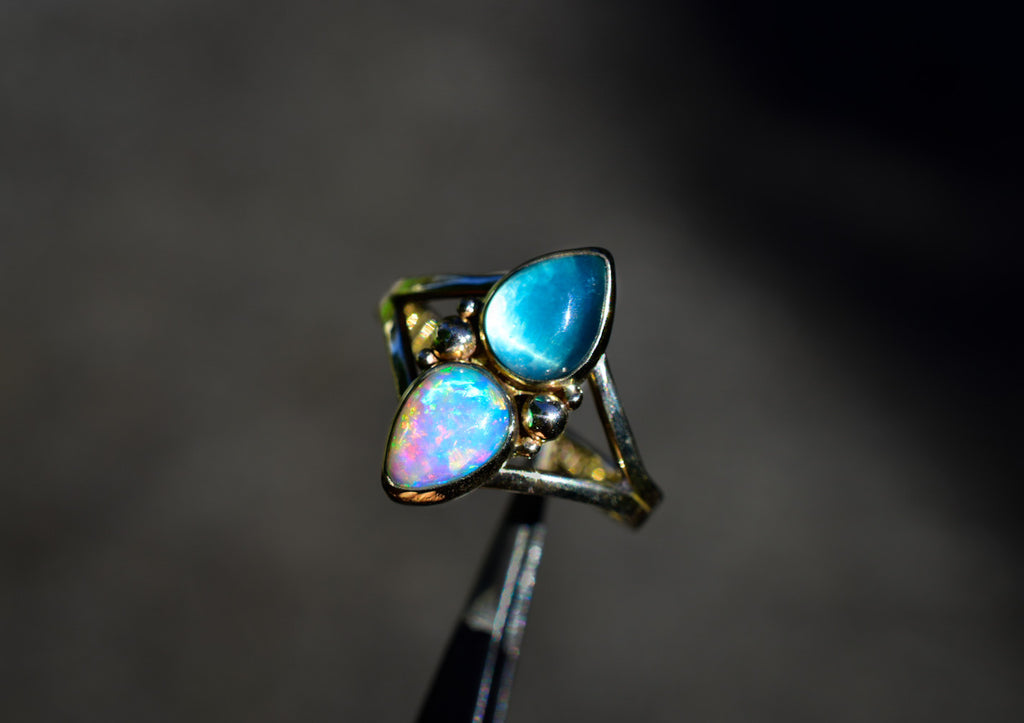 Peruvian Opal and Australian Opal Ring or Pendant In Solid Yellow Gold Semi Custom - Angel Alchemy Jewelry