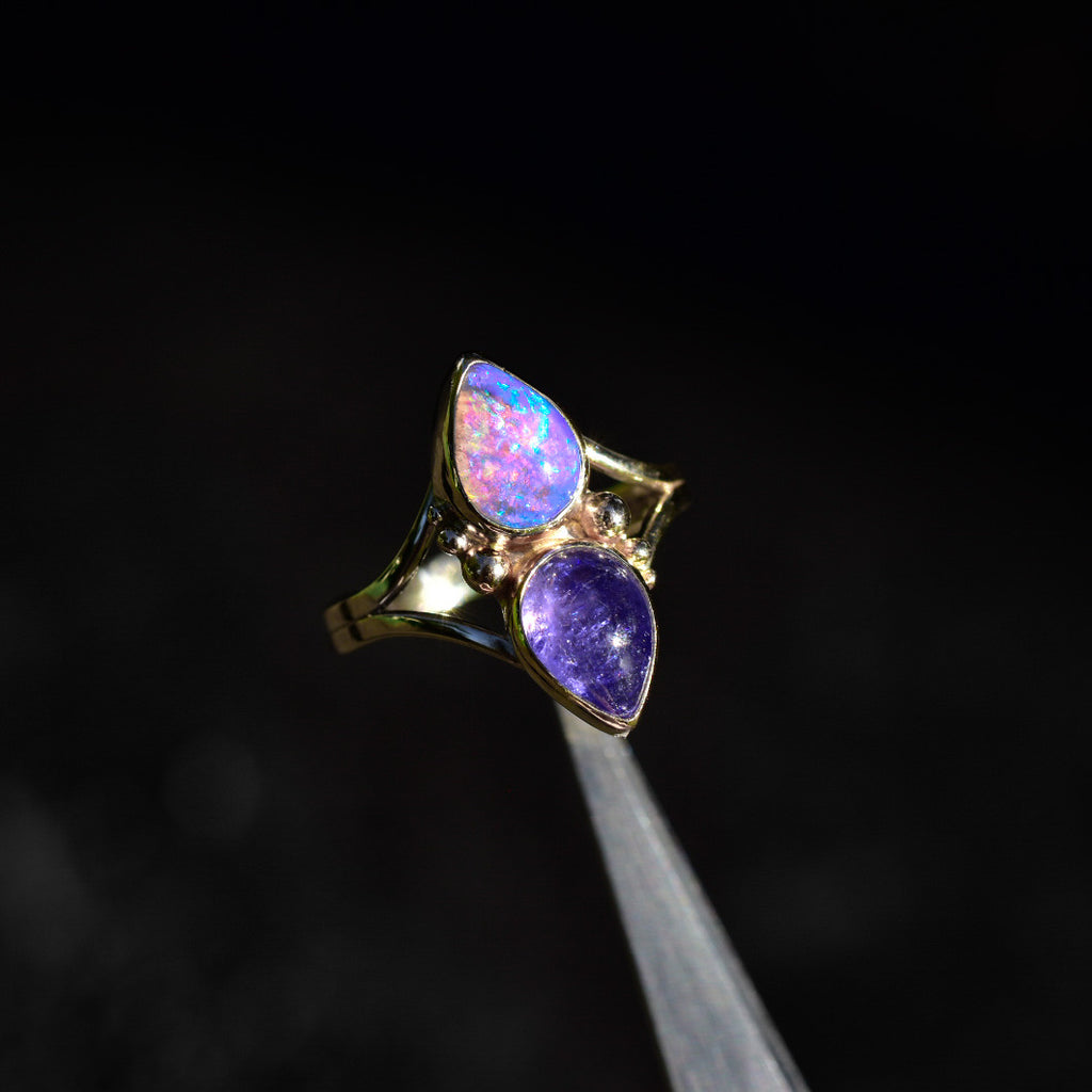 Australian opal and tanzanite solid 14k rose gold with gold dots semi custom reserved - Angel Alchemy Jewelry
