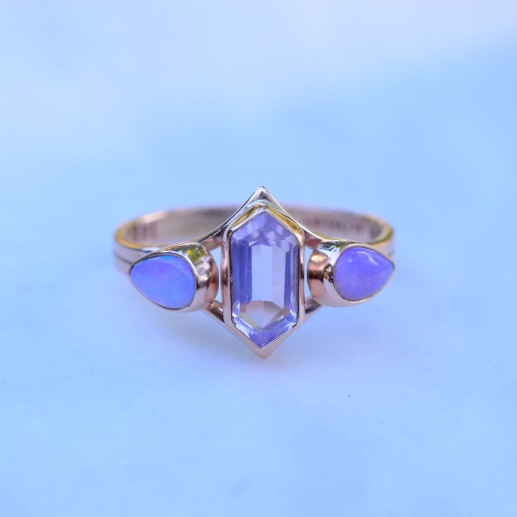Australian opal and lavender quartz high priestess ring in solid 14k gold - Angel Alchemy Jewelry