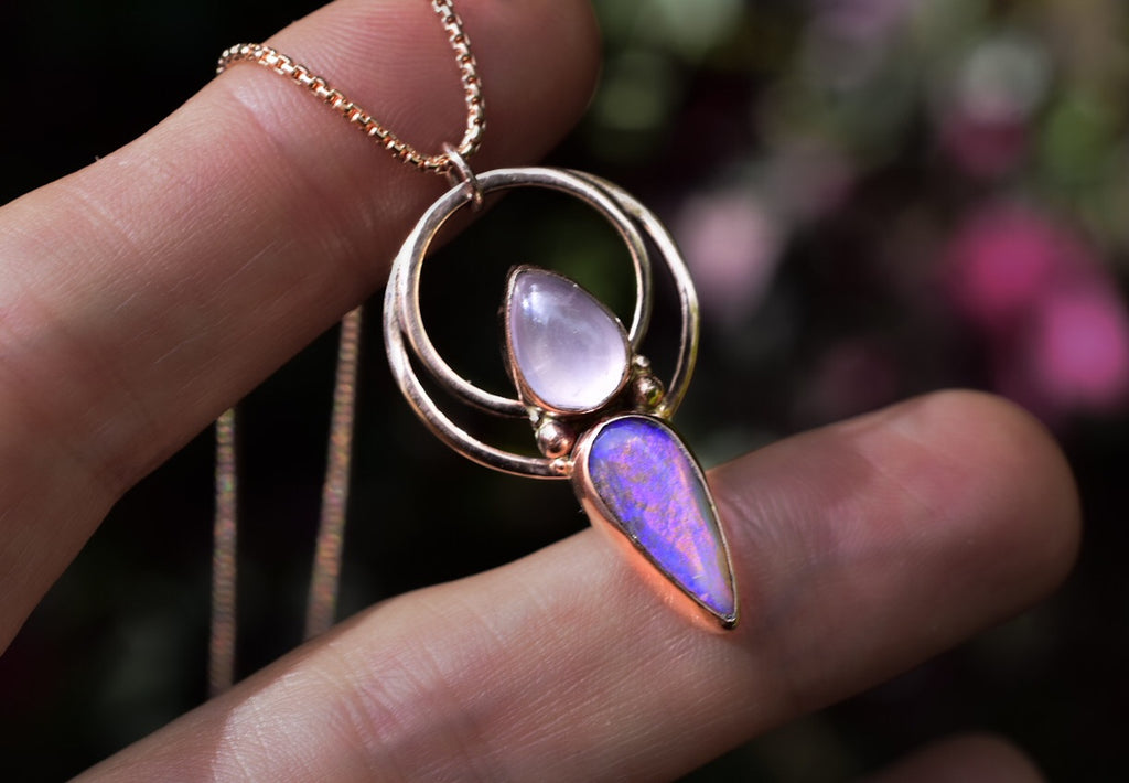 Australian Opal and Kunzite Talisman Pendant In Rose Gold - Angel Alchemy Jewelry
