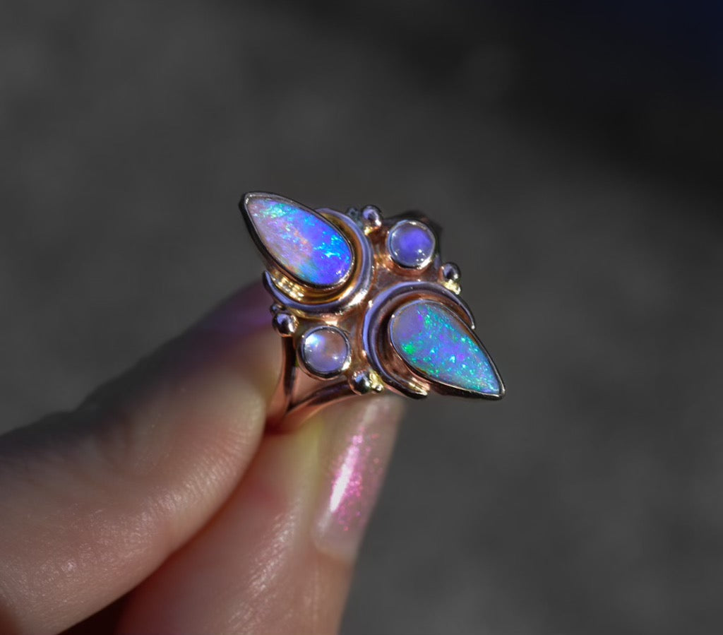 Australian opal and moonstone mini La Luna ring in solid 14k rose gold semi custom reserved - Angel Alchemy Jewelry