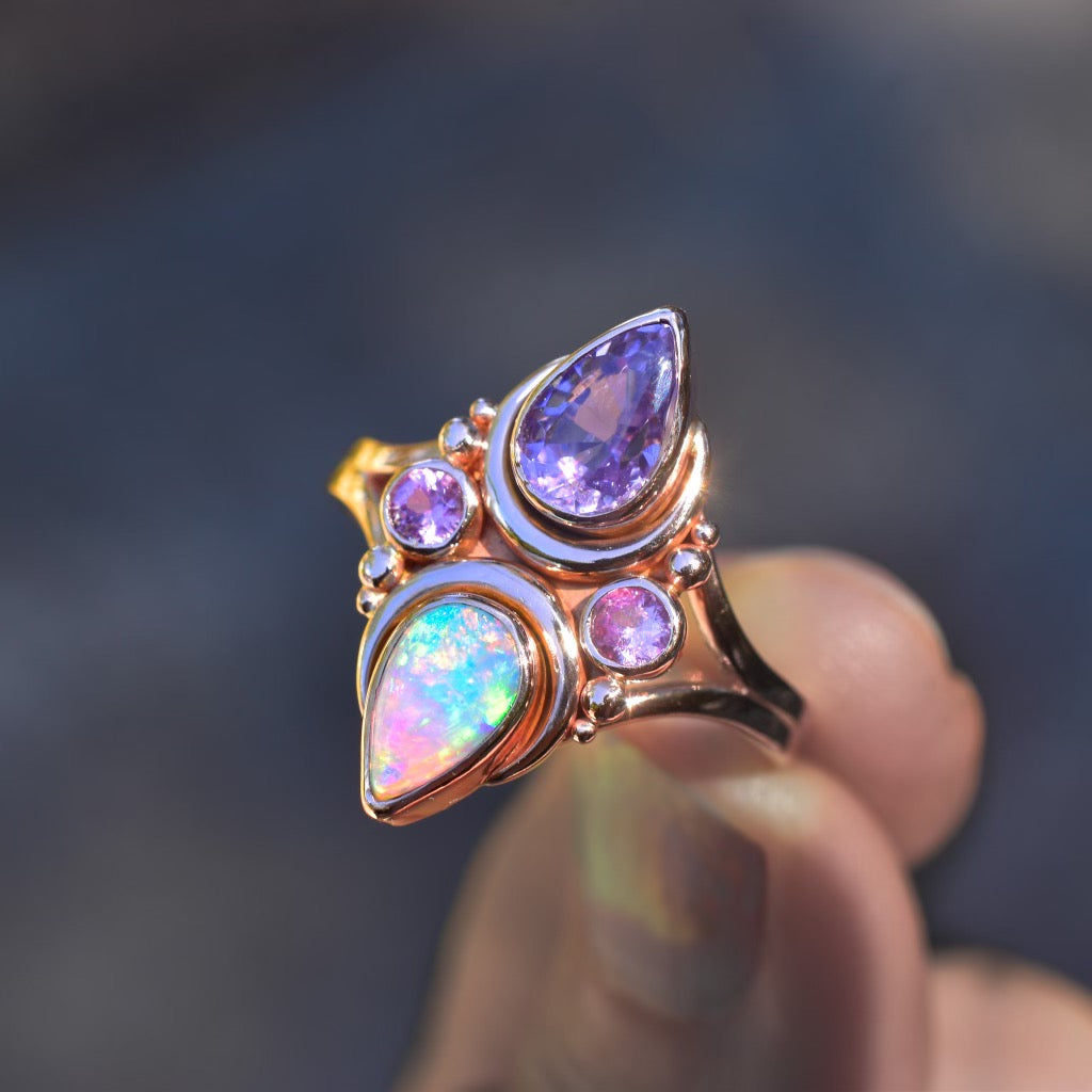 Australian opal, lavender spinel and sapphire Mini La Luna ring in solid 14k rose gold - Angel Alchemy Jewelry