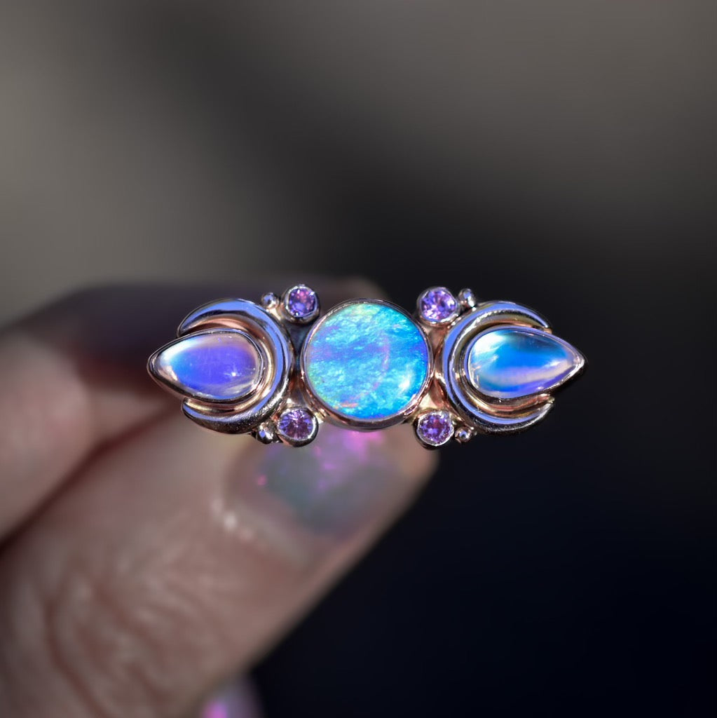 Australian opal , moonstone , sapphire “Phases of the Moon” ring in solid 14k rose gold - Angel Alchemy Jewelry