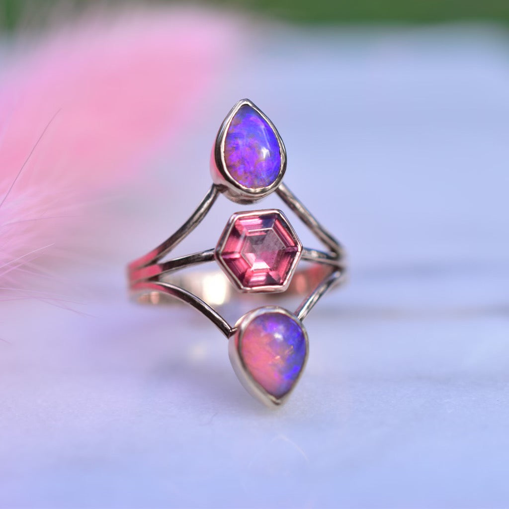 Australian opals and garnet “Floating” style ring in solid 14k rose gold - Angel Alchemy Jewelry