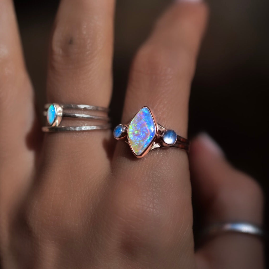 (Reserved: Deposit) Australian Opal Ring with Moonstone in Rose Gold - Angel Alchemy Jewelry