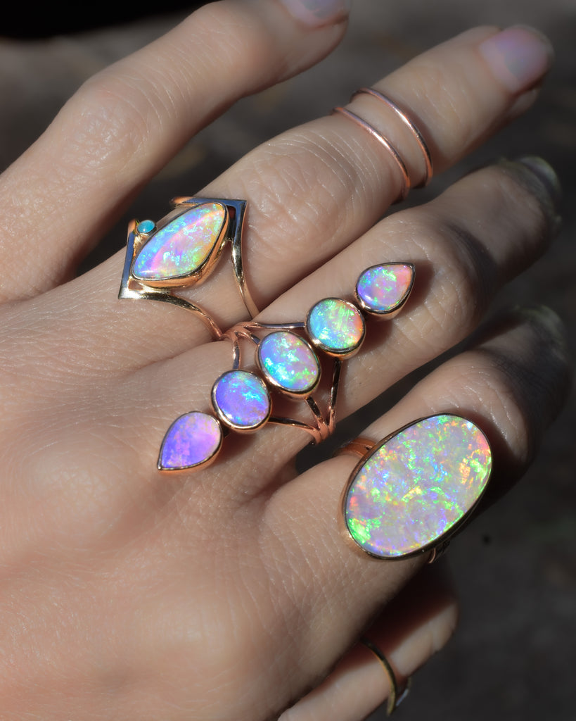 Australian opal “Floating” style Unicorn Talisman ring in solid 14k rose gold - Angel Alchemy Jewelry