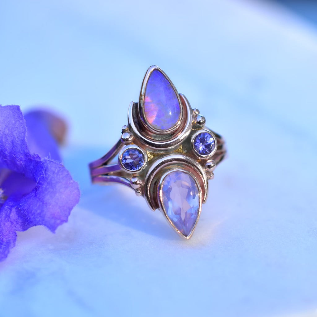 Australian opal, lavender quartz and Tanzanite mini La Luna ring in solid 14k rose gold - Angel Alchemy Jewelry