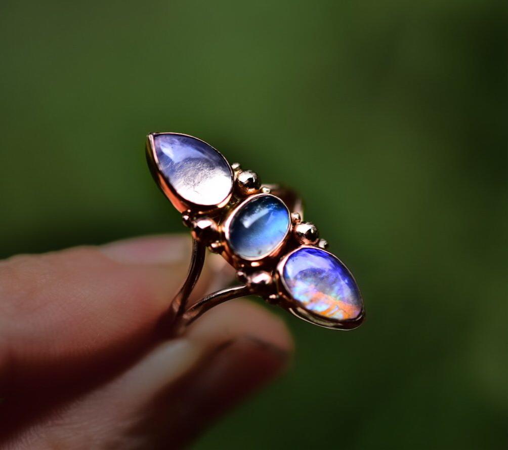 Australian Opal, Moonstone and Lavender Quartz Ring in Solid rose gold - Angel Alchemy Jewelry