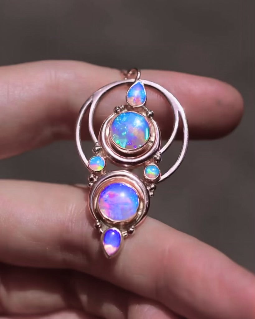 Australian opal La Luna Grande Pendant with Halo in solid 14k rose gold - Angel Alchemy Jewelry