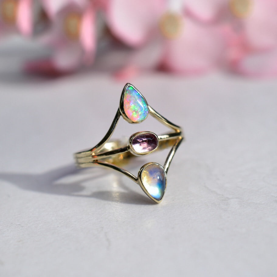 Australian Opal, Pink Spinel and Rainbow Moonstone Ring in Solid 14k yellow gold - Angel Alchemy Jewelry