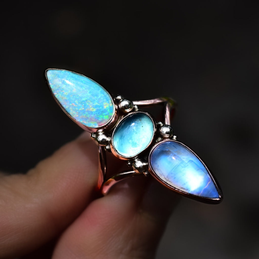Australian Opal, Peruvian Opal and Moonstone Ring in Rose gold white gold dots Gold Semi Custom reserved - Angel Alchemy Jewelry