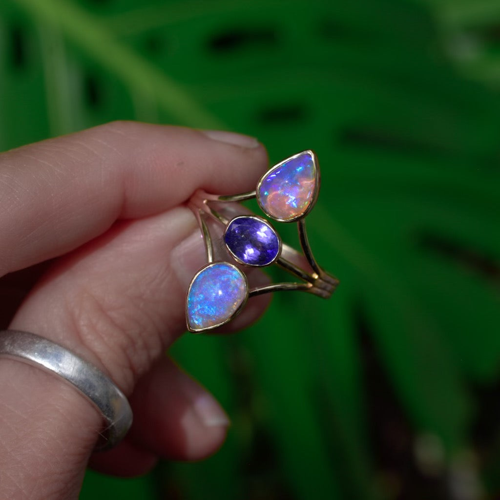 Australian opals and Tanzanite “floating” style solid 14k rose gold ring - Angel Alchemy Jewelry