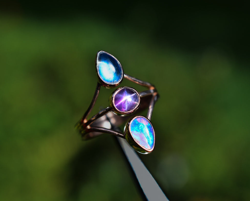 Sri Lankan Lavender Star Sapphire with Australian opal and high grade moonstone in solid 14k rose gold with optional white gold dots semi custom - Angel Alchemy Jewelry