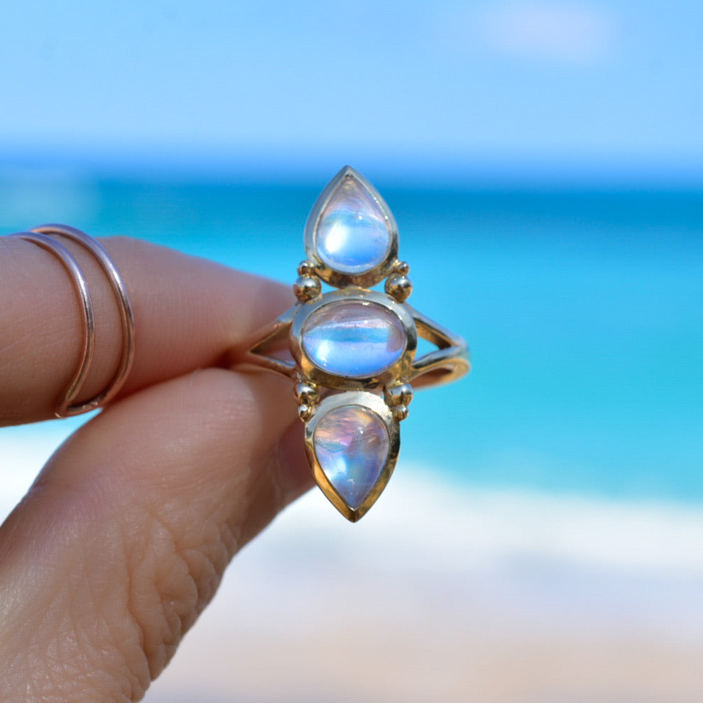 High grade moonstone talisman ring in solid 14k yellow gold with gold dots - Angel Alchemy Jewelry