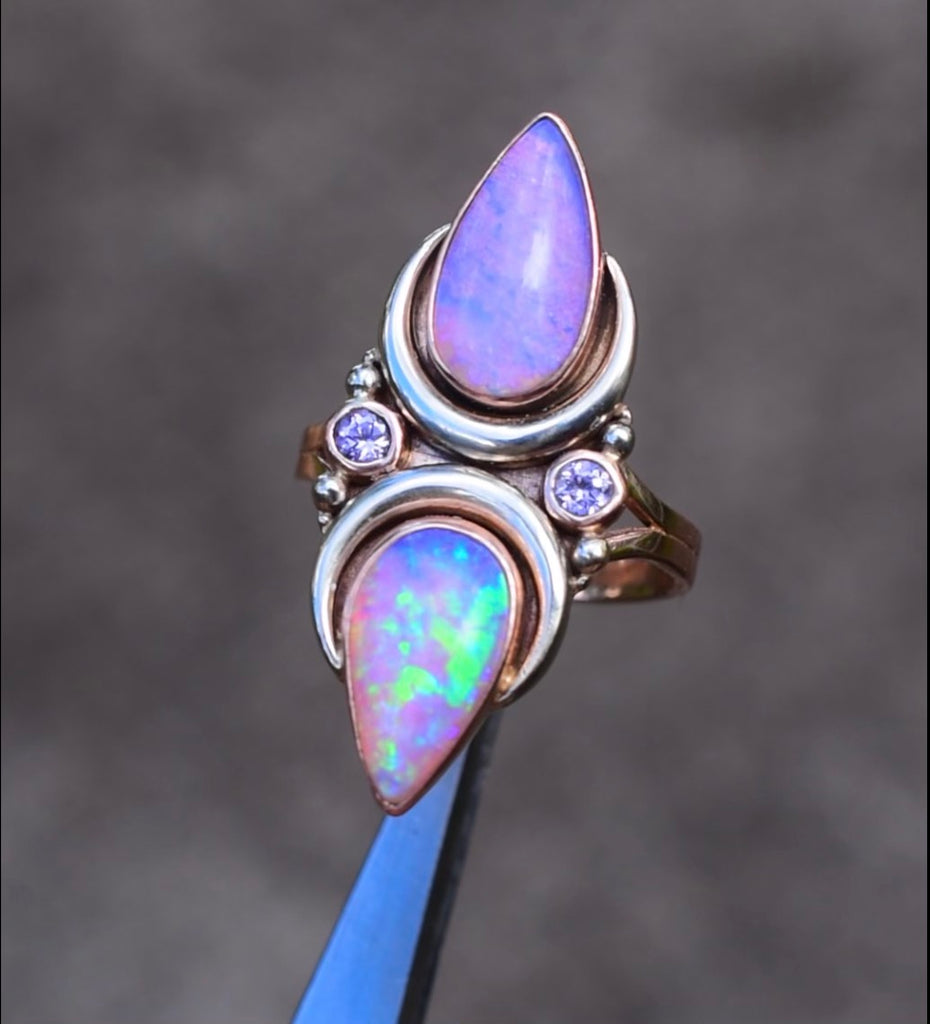Australian Opal La Luna Ring with lavender spinel accents in solid 14k rose gold with white gold dots and moons. - Angel Alchemy Jewelry