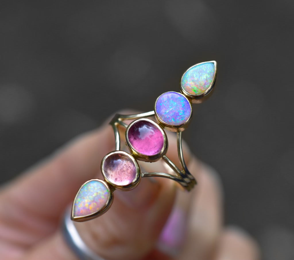 Australian opal and tourmaline “floating” style Unicorn ring in solid 14k yellow gold - Angel Alchemy Jewelry