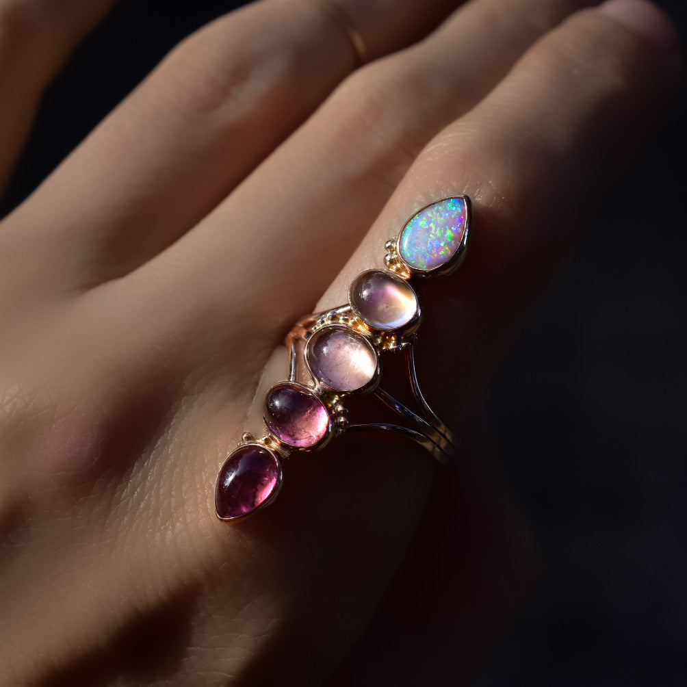 Australian opal , high grade moonstone , morganite, pink tourmaline and rubilite solid 14k rose gold ring with rose gold dots semi custom reserved - Angel Alchemy Jewelry