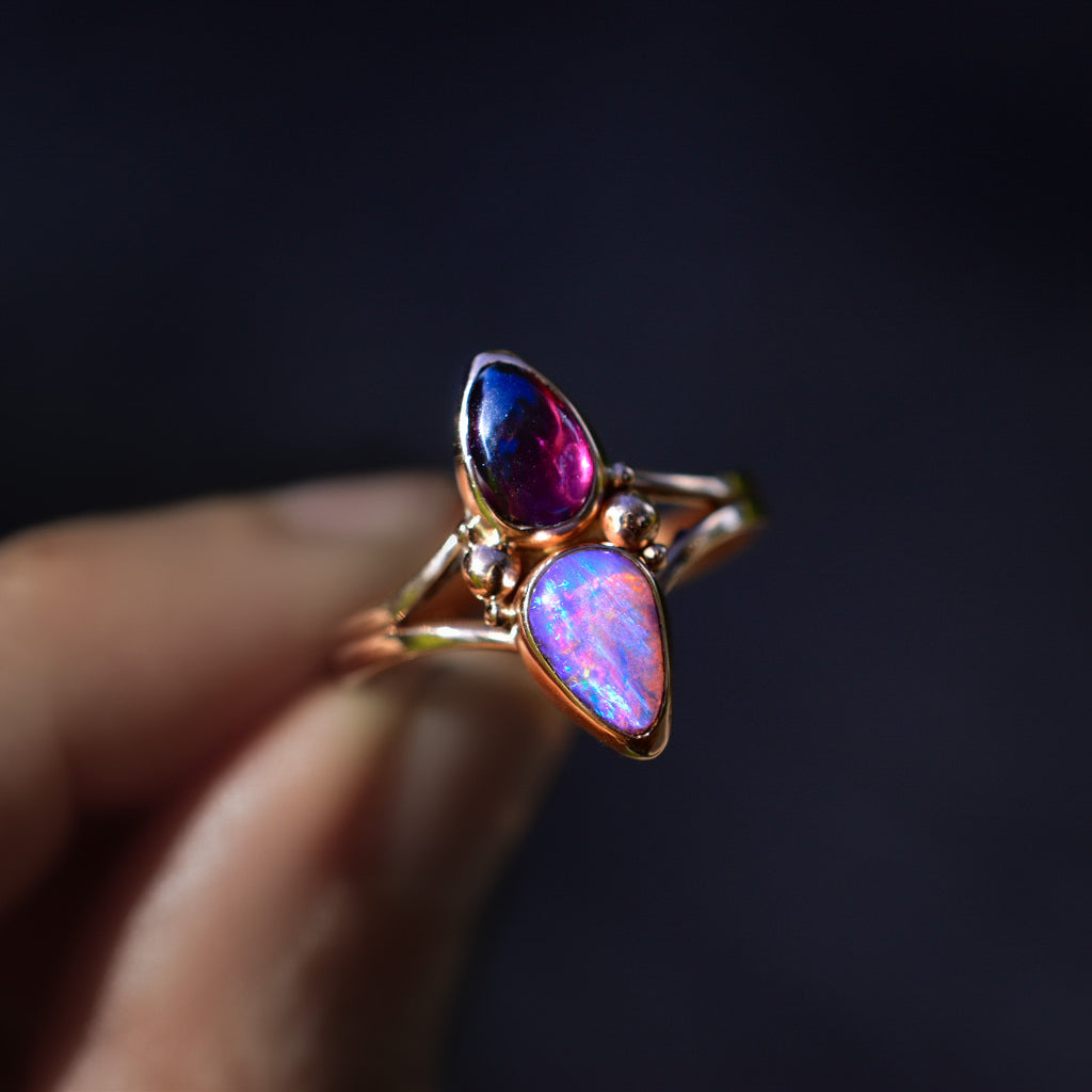 Australian opal and rubilite solid 14k gold ring with gold dots semi custom reserved - Angel Alchemy Jewelry