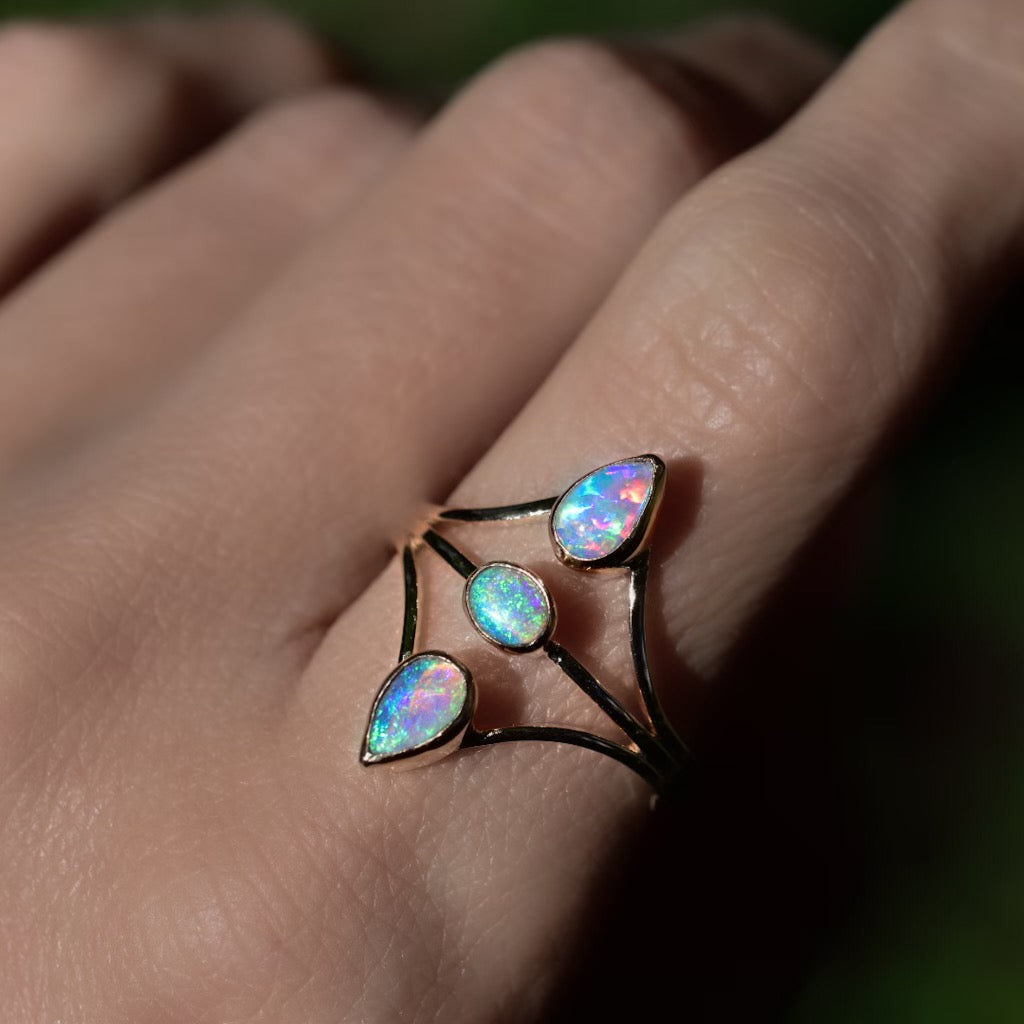 “Australian opal Floating” style three stone ring in solid 14k yellow  gold - Angel Alchemy Jewelry