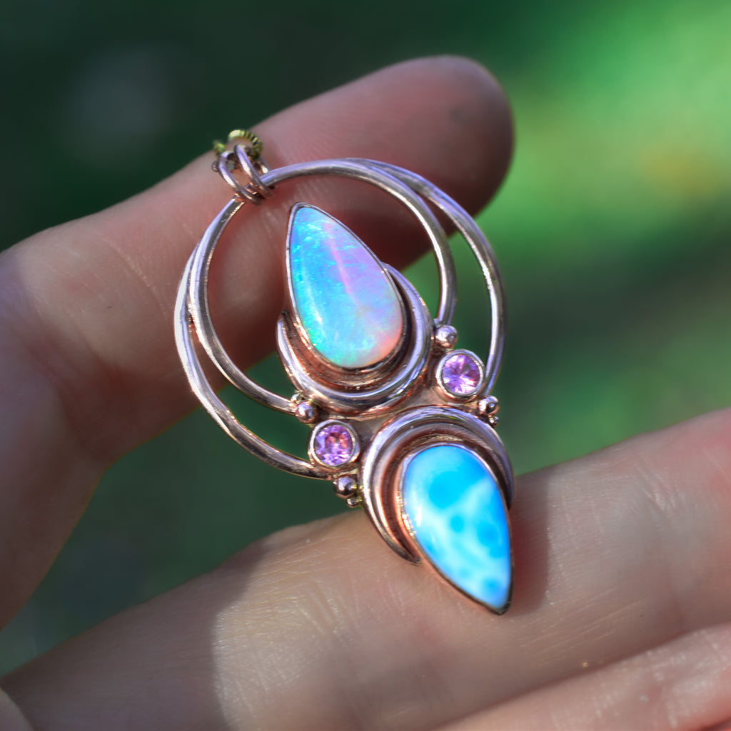 Australian opal and Larimar with pink sapphire La Luna pendent in solid 14k rose gold ( chain sold separately) - Angel Alchemy Jewelry