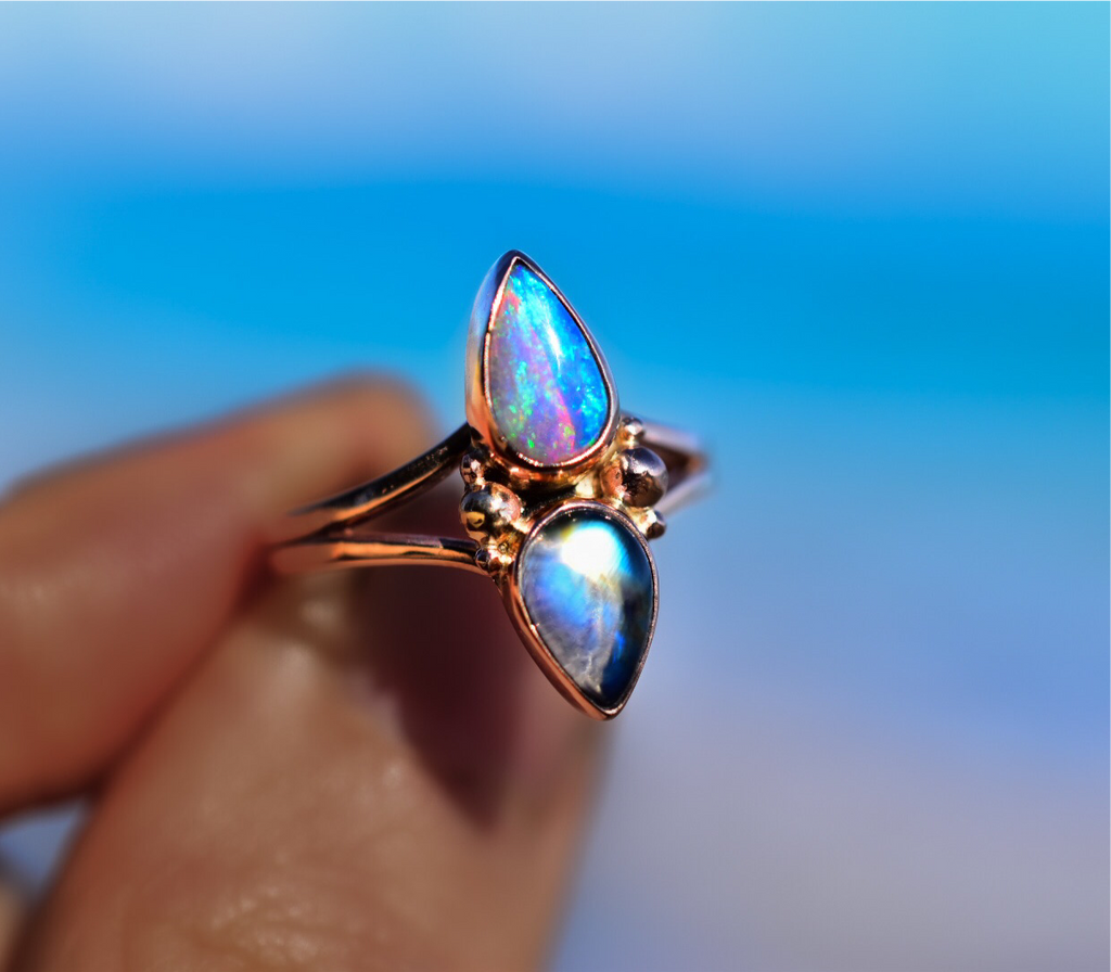 Australian Opal And Moonstone Ring Semi Custom - Angel Alchemy Jewelry