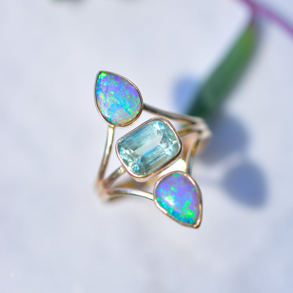 Australian opals and minty faceted tourmaline “floating” ring in solid 14k yellow gold - Angel Alchemy Jewelry