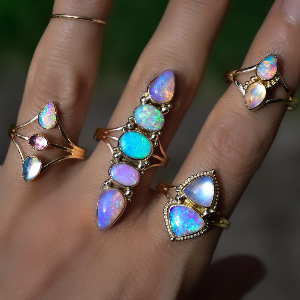 Unicorn all Australian opal ring in solid 14k gold with gold dots semi custom - Angel Alchemy Jewelry