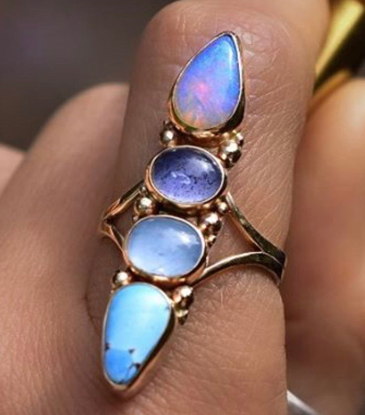 Australian opal ring with iolite, goshenite and turquoise in solid 14k yellow gold semi custom reserved - Angel Alchemy Jewelry