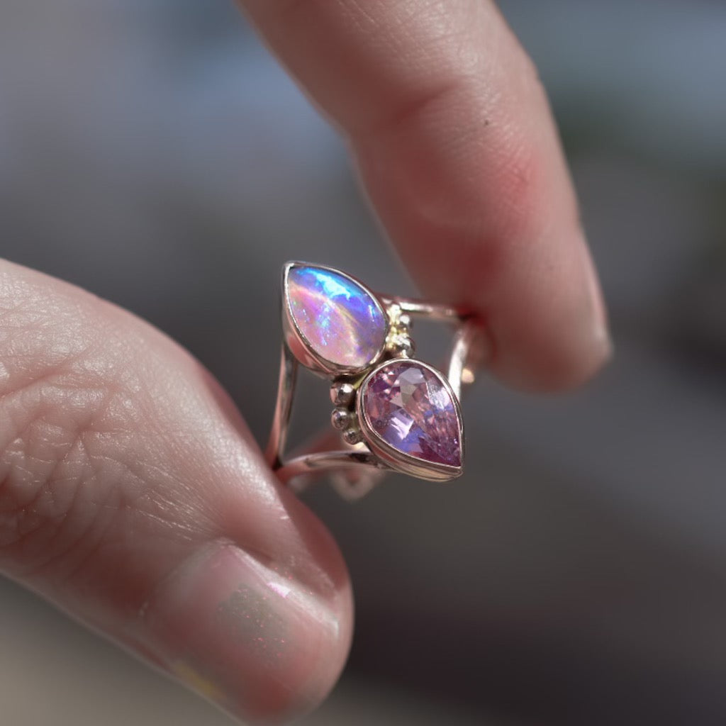 Australian opal and pink spinel tourmaline ring in sold 14k rose gold - Angel Alchemy Jewelry