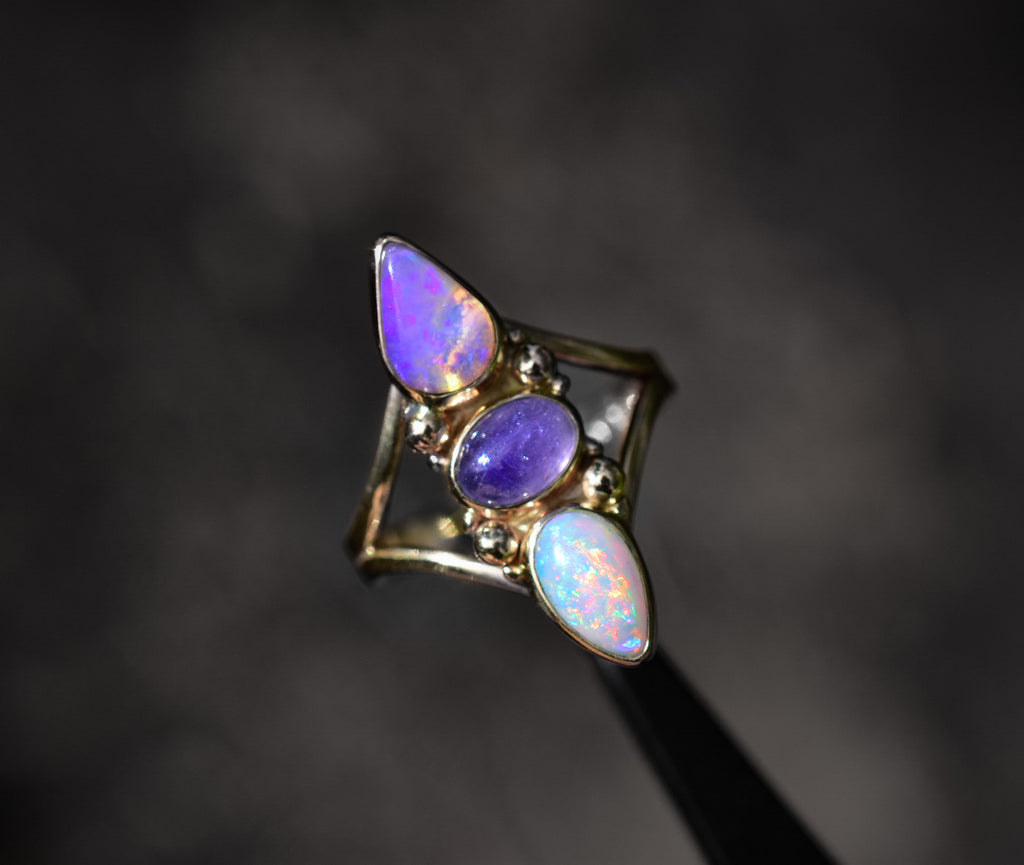 Australian Opal and Tanzanite Ring or Pendant In Solid 14k Yellow or Rose Gold - Semi Custom - Angel Alchemy Jewelry