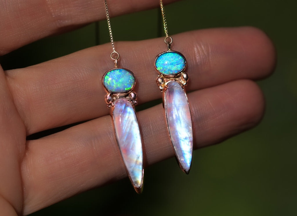 Opal and Moonstone earings In Rose or Yellow gold semi custom - Angel Alchemy Jewelry