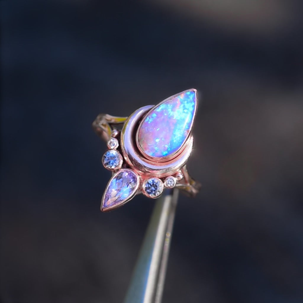 Australian opal, spinels and diamond large “Moonflower “ ring in solid 14k rose gold - Angel Alchemy Jewelry