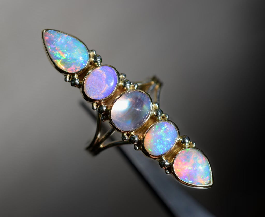 Australian opals and high grade moonstone Unicorn talisman ring in solid 14k gold semi custom reserved - Angel Alchemy Jewelry