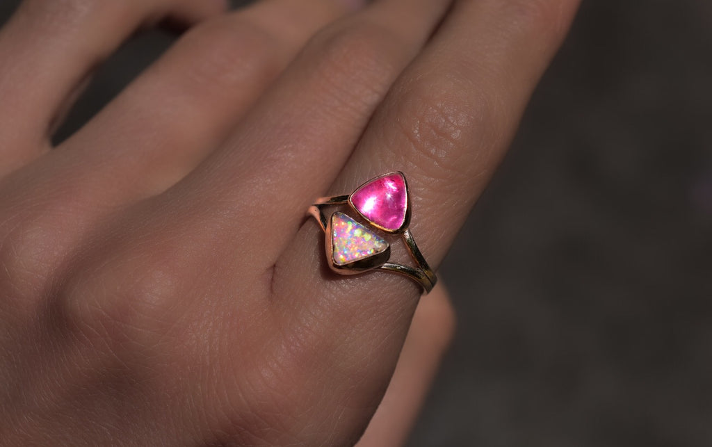 Australian Opal and Pink Tourmaline Mini Talisman Ring or Pendant in Solid Yellow or Rose Gold Semi Custom reserved - Angel Alchemy Jewelry