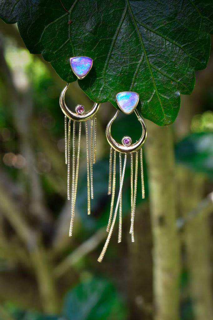 Australian Opal and Pink Spinel fringed Moon Ear Jackets “Dipped In Moonlight” - Angel Alchemy Jewelry
