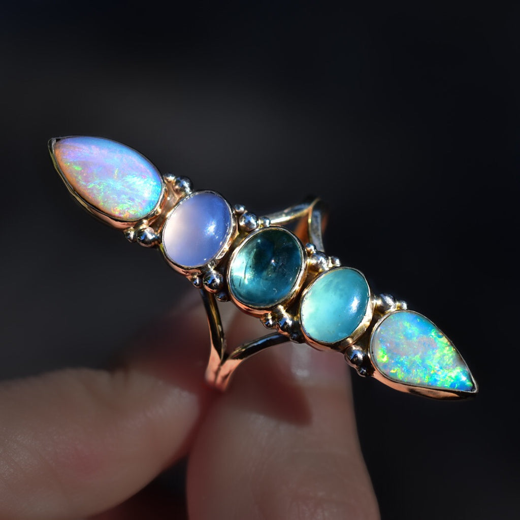 Australian Opal Unicorn Ring with Peruvian Opal, Lavender Chalcedony , and Tourmaline  in solid 14k yellow lGold with white gold dots size 11 Semi Custom reserved - Angel Alchemy Jewelry
