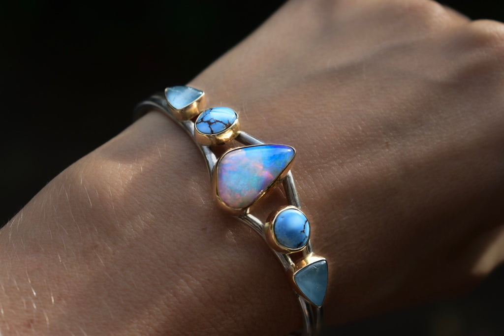 Australian opal , turquoise and aquamarine cuff with 14k gold bezel in silver semi custom reserved - Angel Alchemy Jewelry