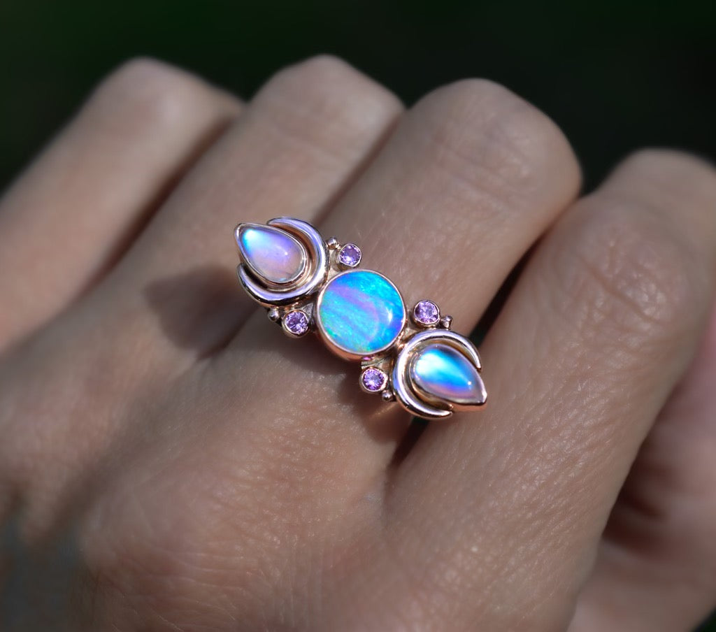 Australian opal , moonstone , sapphire “Phases of the Moon” ring in solid 14k rose gold - Angel Alchemy Jewelry