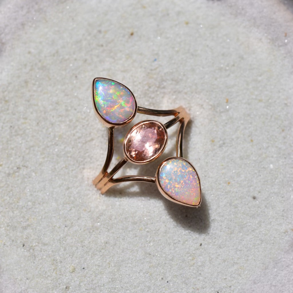 Australian opals and a faceted zircon “Floating” style ring in solid 14k rose gold - Angel Alchemy Jewelry