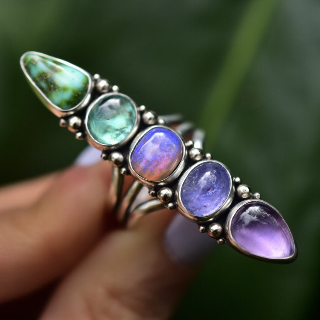 Australian Purple Opal Unicorn Ring with Turquoise Apatite Tanzanite and Amethyst - Angel Alchemy Jewelry
